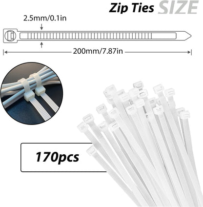 340 Pcs Self Adhesive Cable Zip Tie Mounts Set | 170 Pcs Cable Tie Mounting Base,3/4" | 170 Pcs Zip Ties,8" | White,Cable Clip,Wire Management Clips,Wall Ties Fixing Mount,Wire Holders for Cables