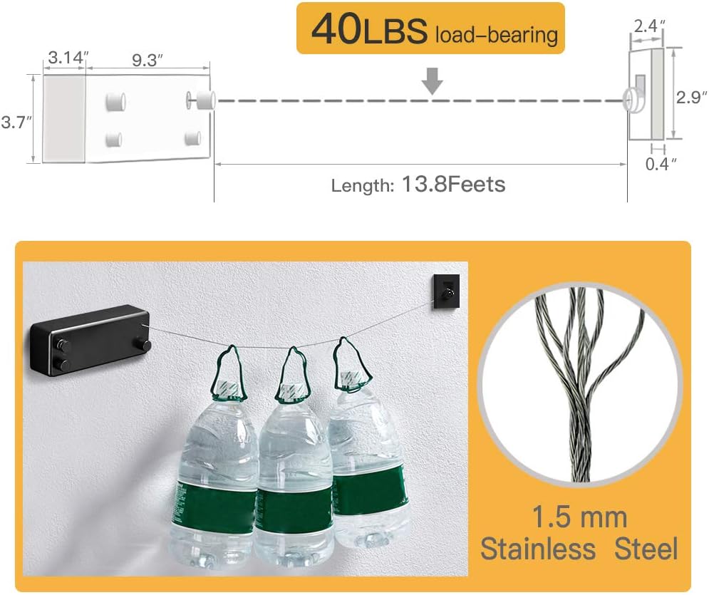 BESy Retractable Clothesline ABS case+Aluminum Dryer with Adjustable Stainless Steel Double Rope String Hotel Style Heavy Duty,Wall Mounted Method, 13.8 Feets,White