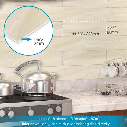BeNice Peel and Stick Backsplash for Kitchen Tile,Peel and Stick Tiles for Walls Tile Stickers Waterproof Marble Tile Backsplash 3.85"x11.73"(16Tiles) White Gray