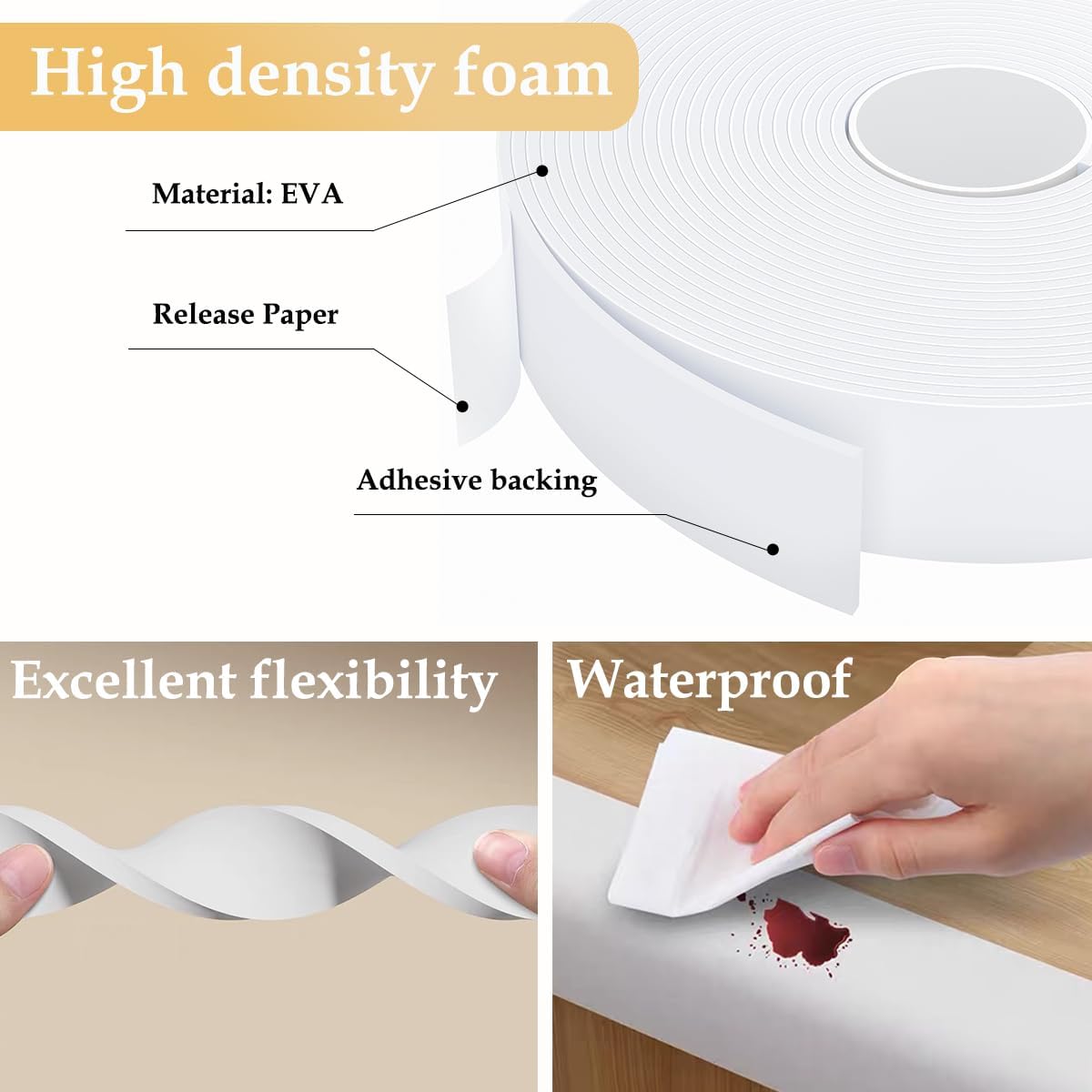 Weather Stripping Door Seal White,1/2Inch Wide X 1/4 Inch Thick,Air Conditioner Window Seal,Self Adhesive Foam Tape High Density Foam Sealing Strip,Soundproof Foam Tape Roll,Total 16.4 Feet Long