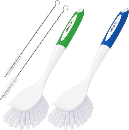 Amazer Dish Brush with Handle, 2 Pack Kitchen Scrub Brushes for Cleaning, Dish Scrubber with Stiff Bristles for Sink, Pots, Pans