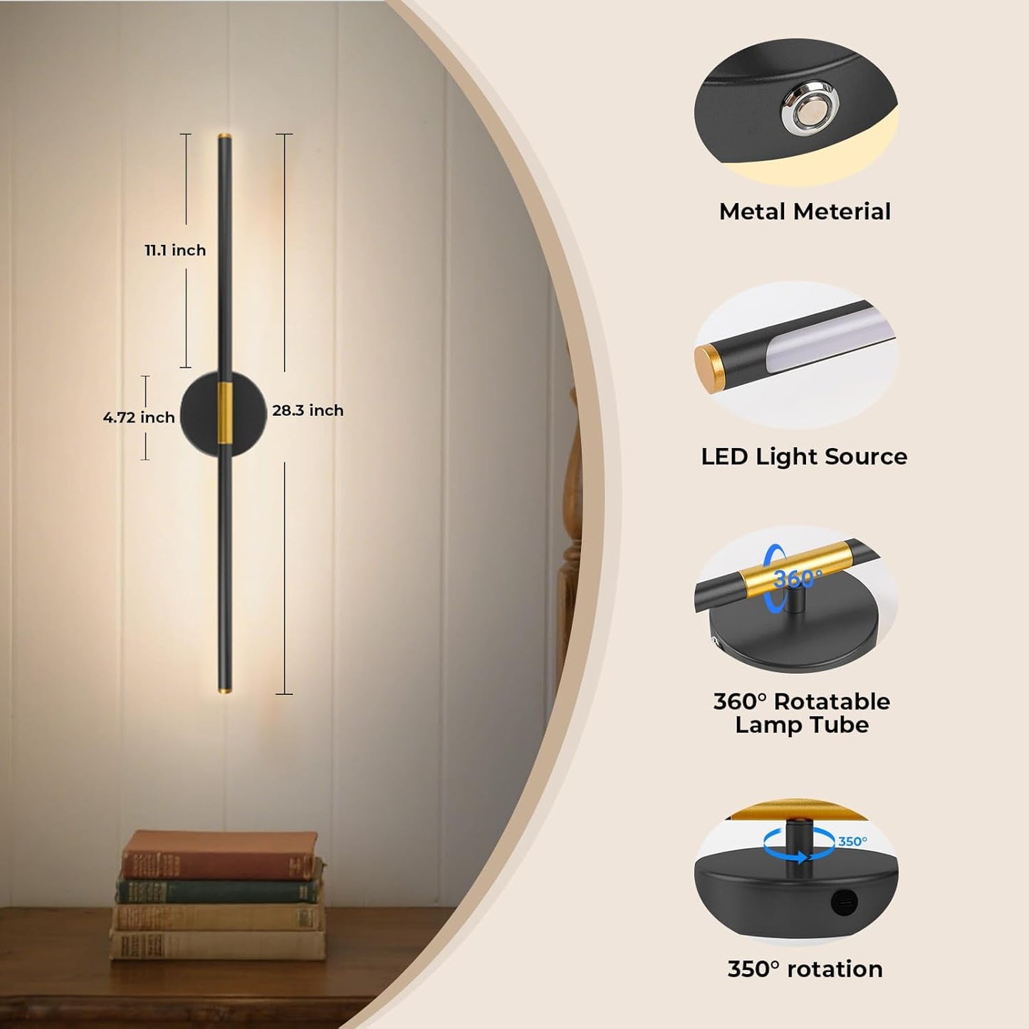 GvvooHome Battery Operated Wall Sconces Set of 2, Detachable 360°Rotate Wall Lamps, 3000-6500K Dimmable with Remote Control, 10000mAh Rechargeable Wall Light for Bedroom, Living Room, 28.3" Black Gold