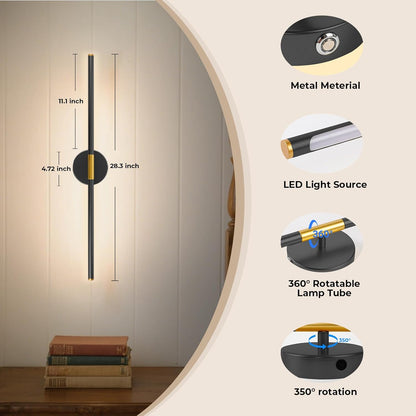 GvvooHome Battery Operated Wall Sconces Set of 2, Detachable 360°Rotate Wall Lamps, 3000-6500K Dimmable with Remote Control, 10000mAh Rechargeable Wall Light for Bedroom, Living Room, 28.3" Black Gold
