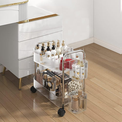 2-Tier Utility Rolling Cart Storage Sofa Side Table with Wheels, Mobile Trolley Organizer with for Office Home Kitchen Organization, Cream White