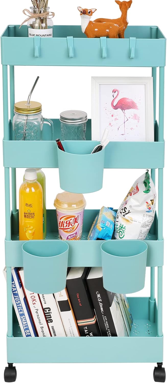 4 Tier Slim Rolling Utility Kitchen Cart Bathroom Organizer for Narrow Places Multipurpose Storage Shelve Mobile Trolley for Bedroom Laundry Office Restaurant Garage Pantry (Black)