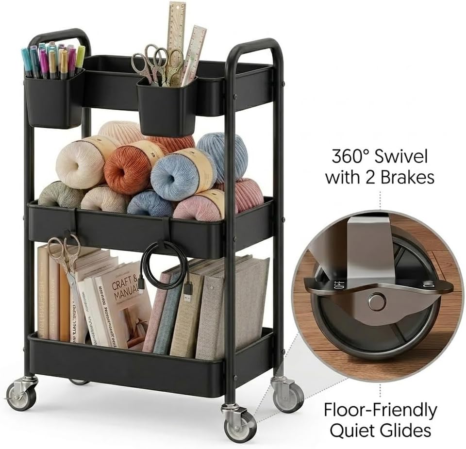 3-Tier Metal Rolling Cart, Slim Gap Space-Saver Organizer for Craft & Office