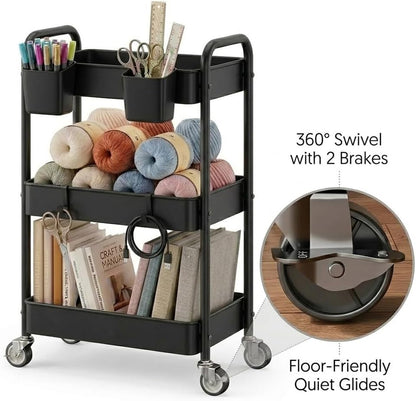 3-Tier Metal Rolling Cart, Slim Gap Space-Saver Organizer for Craft & Office