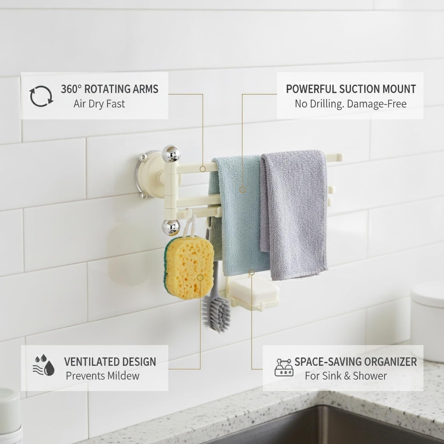 Rotating Suction Cup Dishcloth Rack, Wall-Mounted Sponge Holder for Kitchen Sink & Shower, Drill-Free PET Plastic Organizer (Yellow)
