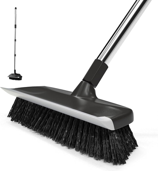 ITTAR Floor Scrub Brush with 55" Long Handle, 10" Wide Stiff Bristles Deck Brush, Stainsless Steel Pole Heavy-Duty Cleaning Brush, 2-in-1 Scrubber with Ruber Squeegee for Deck, Patio, Pool, Tile, Wall