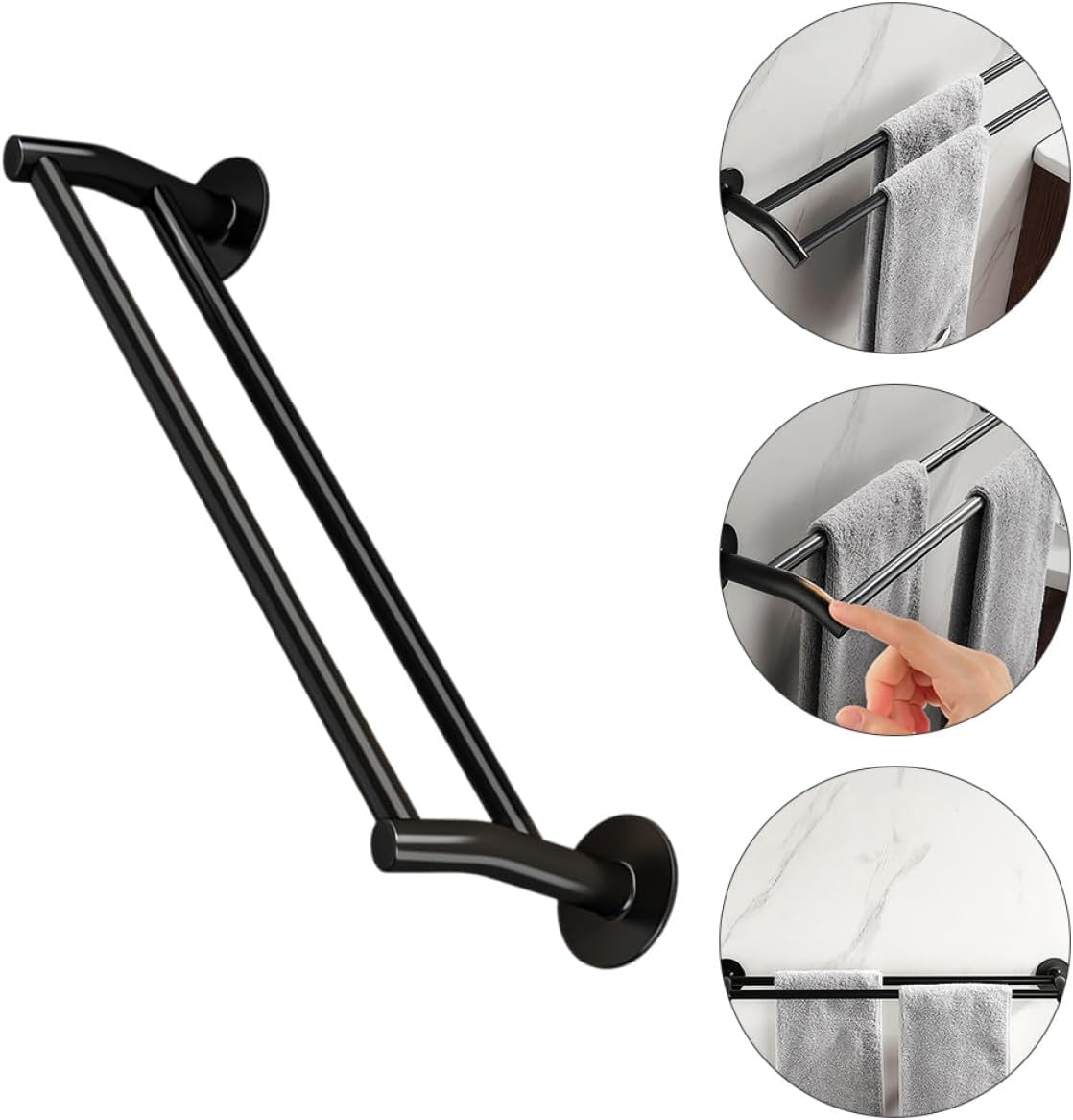 Luxshiny Punch-Free Aluminum Alloy Dual-Pole Towel Holder 40cm Black, Bathroom and Kitchen Wall-Mounted Storage Rack for Hand Towels and Cleaning Cloths