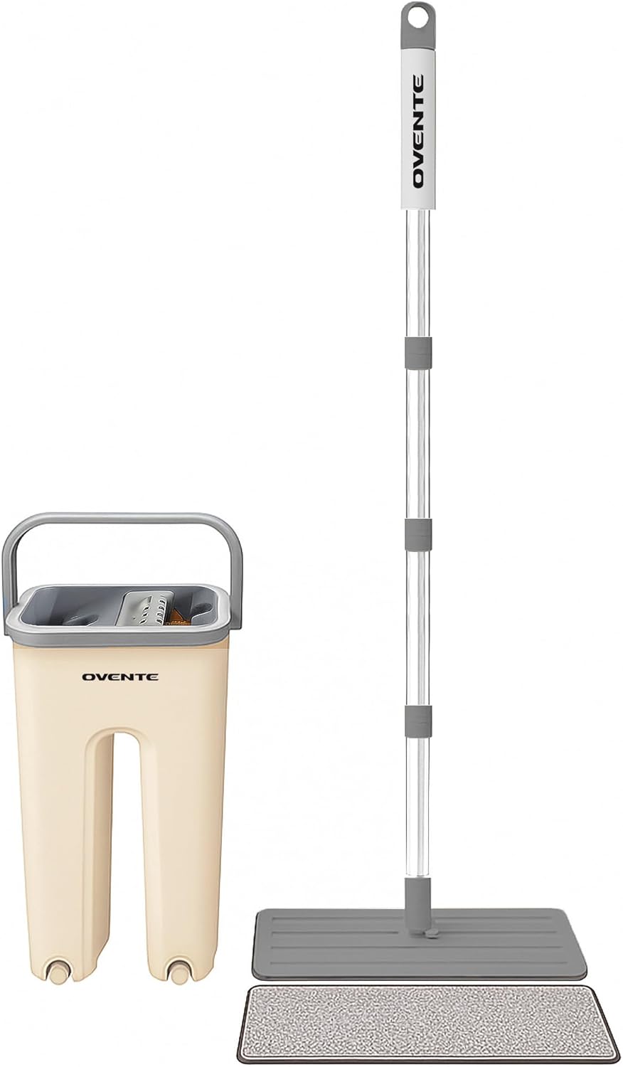 OVENTE Mop and Bucket with Wringer Set, Hands-Free Self-Cleaning Flat Floor Mop with Washable Microfiber Pad, Home Cleaner for Smooth Wall, Hardwood, Tile, Laminate and Glass Windows, Beige MBP32BGG