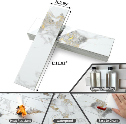 AULIGET 40-Piece Polished White Marble with Gold Peel and Stick Backsplash Wall Tiles, 3" x 12" PVC Faux Stone Stick on Tiles for Backsplash Kitchen, Bathroom, Laundry Room, Camper, Fireplace