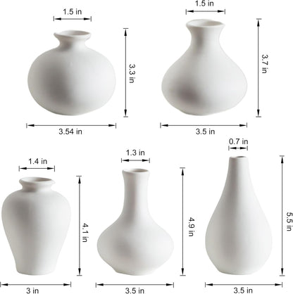 Small Ceramic Vase Set of 5, Modern White Vase, Bud Vase, Boho Decorative Vase for Fireplace, Entryway and Living Room, Centerpiece Table Decorations