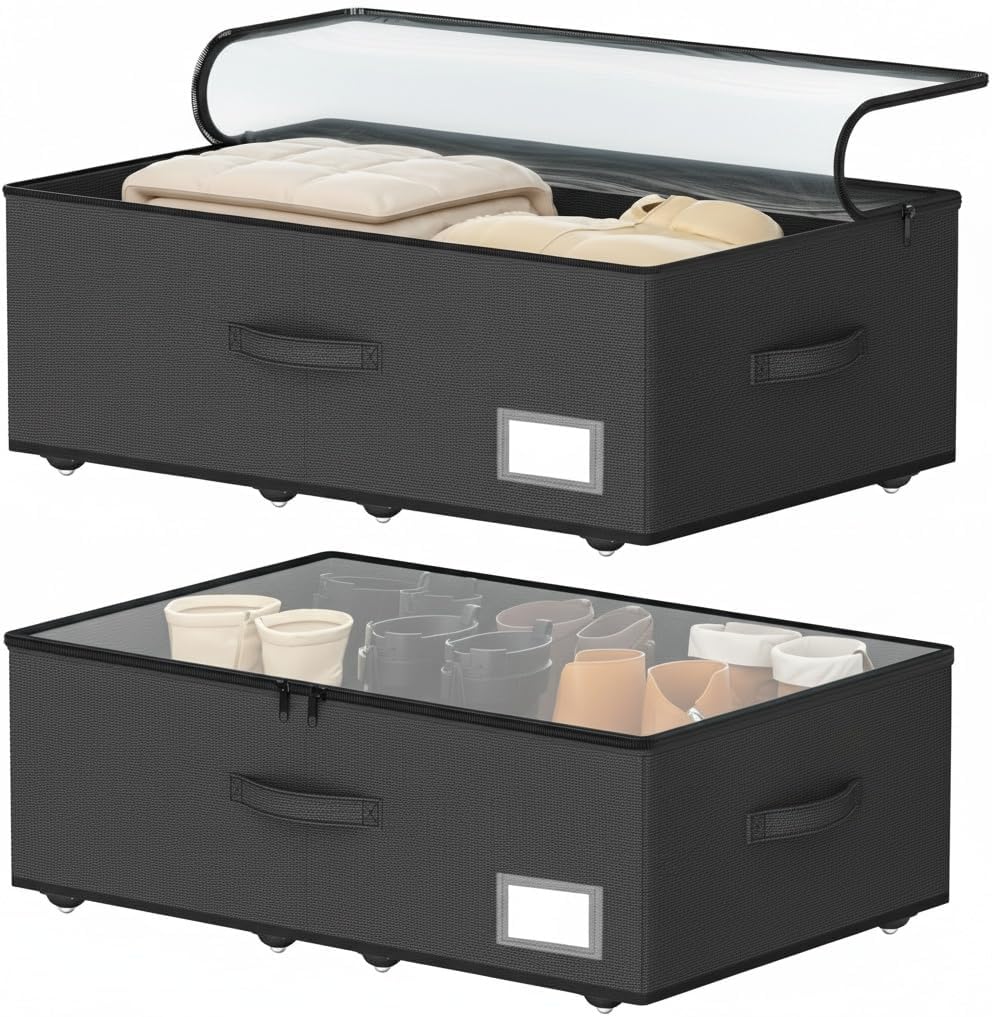 EE-RoomWorld Under Bed Storage with Wheels, No Assemble Required 5.5 inches height grey under bed storage bins,Low Profile Rolling Underbed Shoe Storage containers，dorm underbed storage drawers