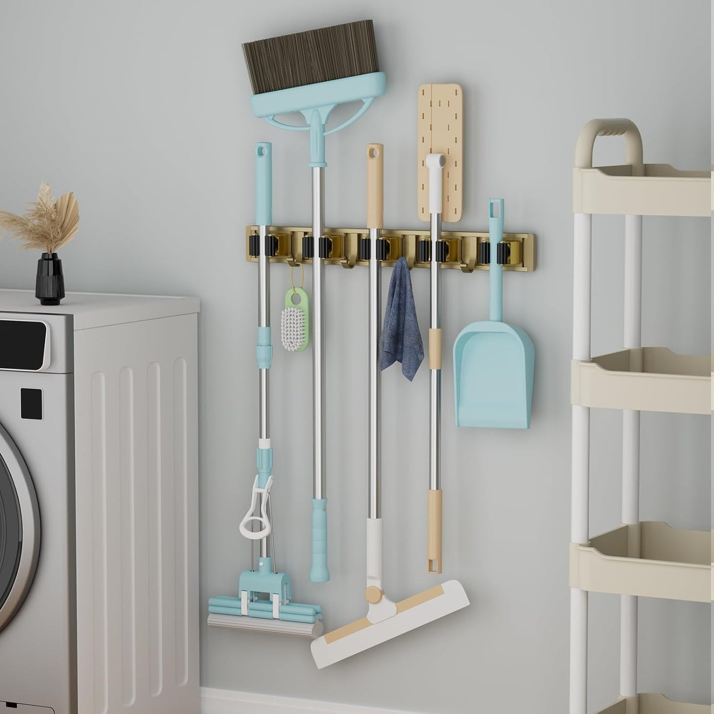 reliahom Broom Holder Wall Mount Mop Hanger Tools organizer 4Racks 5Hooks | Adjustable Mop Broom Wall Hanging Heavy duty Tools Storage Rack Space-saving for Garage,Kitchen,Laundry Room,Garden, Silver