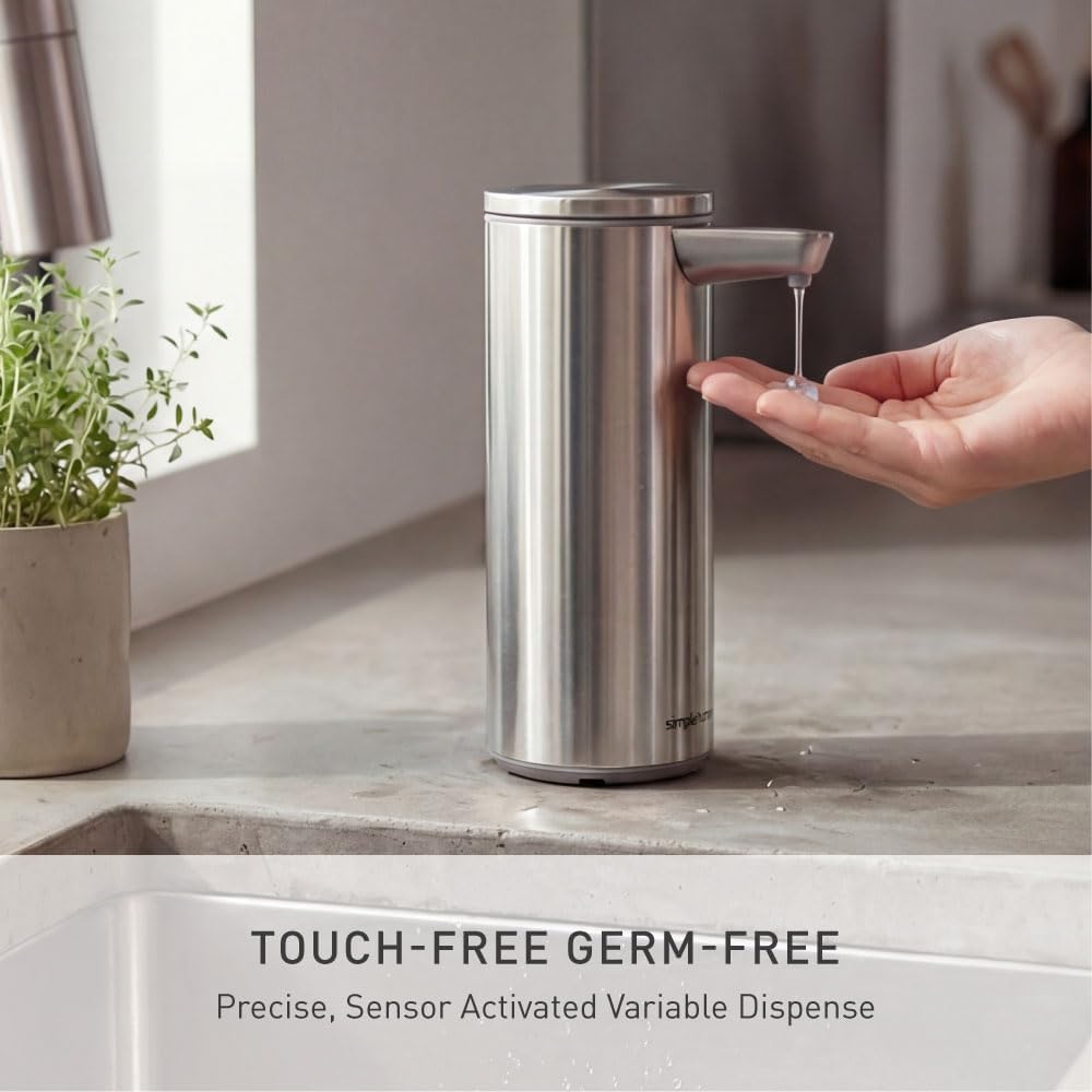simplehuman Liquid Sensor Pump with Caddy, 9 oz Automatic Soap Dispenser for Kitchen and Bathroom, Touchless Motion Sensor, Variable Dispense, Rechargeable, High-Grade White Steel