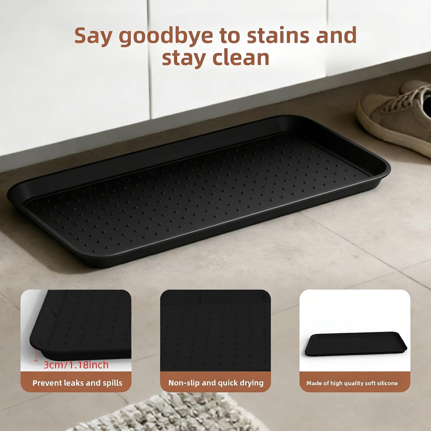 Silicone Boot Tray, 30"x15" Non Slip Shoe Tray for Entryway, Easy to Clean Shoe Mat for Muddy & Wet Shoes Water Proof Rug for Front Door Patio Porch Room (Black)
