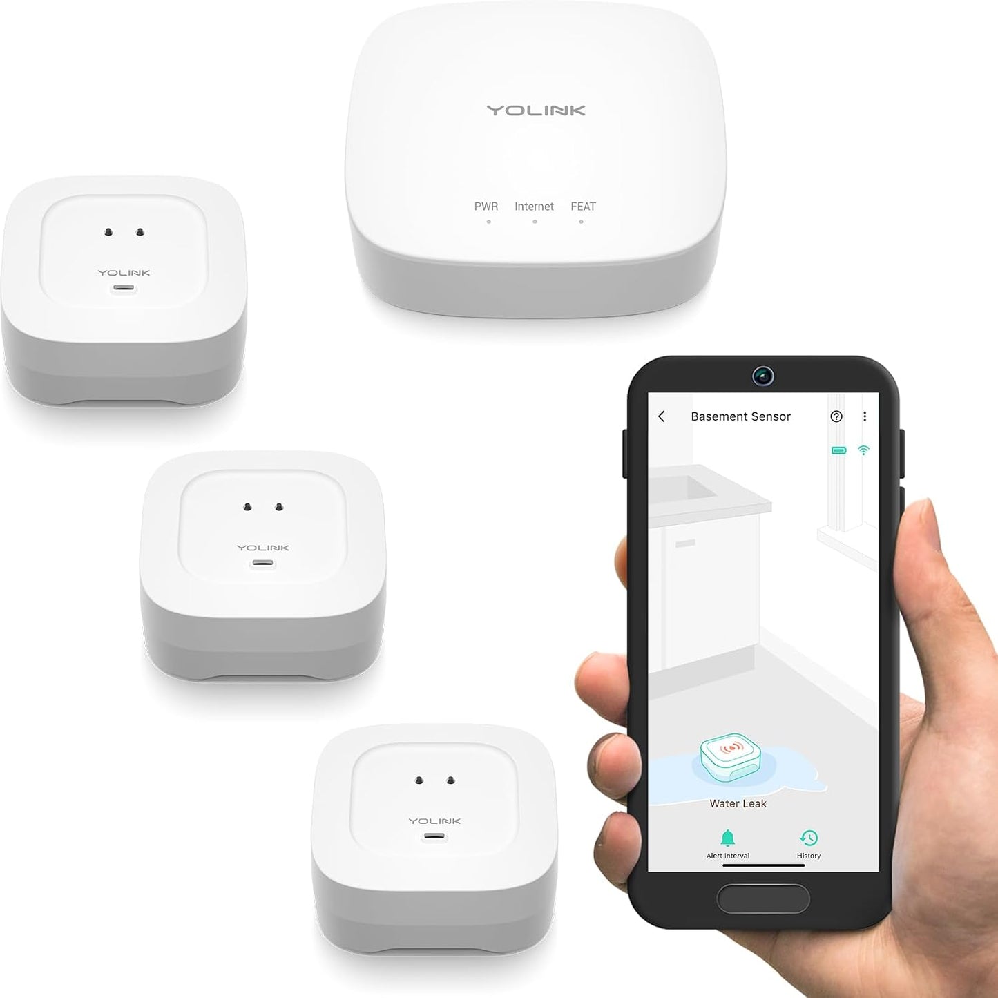 YoLink Water Leak Detector 4 with 105dB Audio Alarm, Freeze Warning, App Push, Email Alerts and Limited Text - Smart Water Sensor Alarm w/ Alexa, IFTTT - 1/4 Mile Long Range, Hub Required