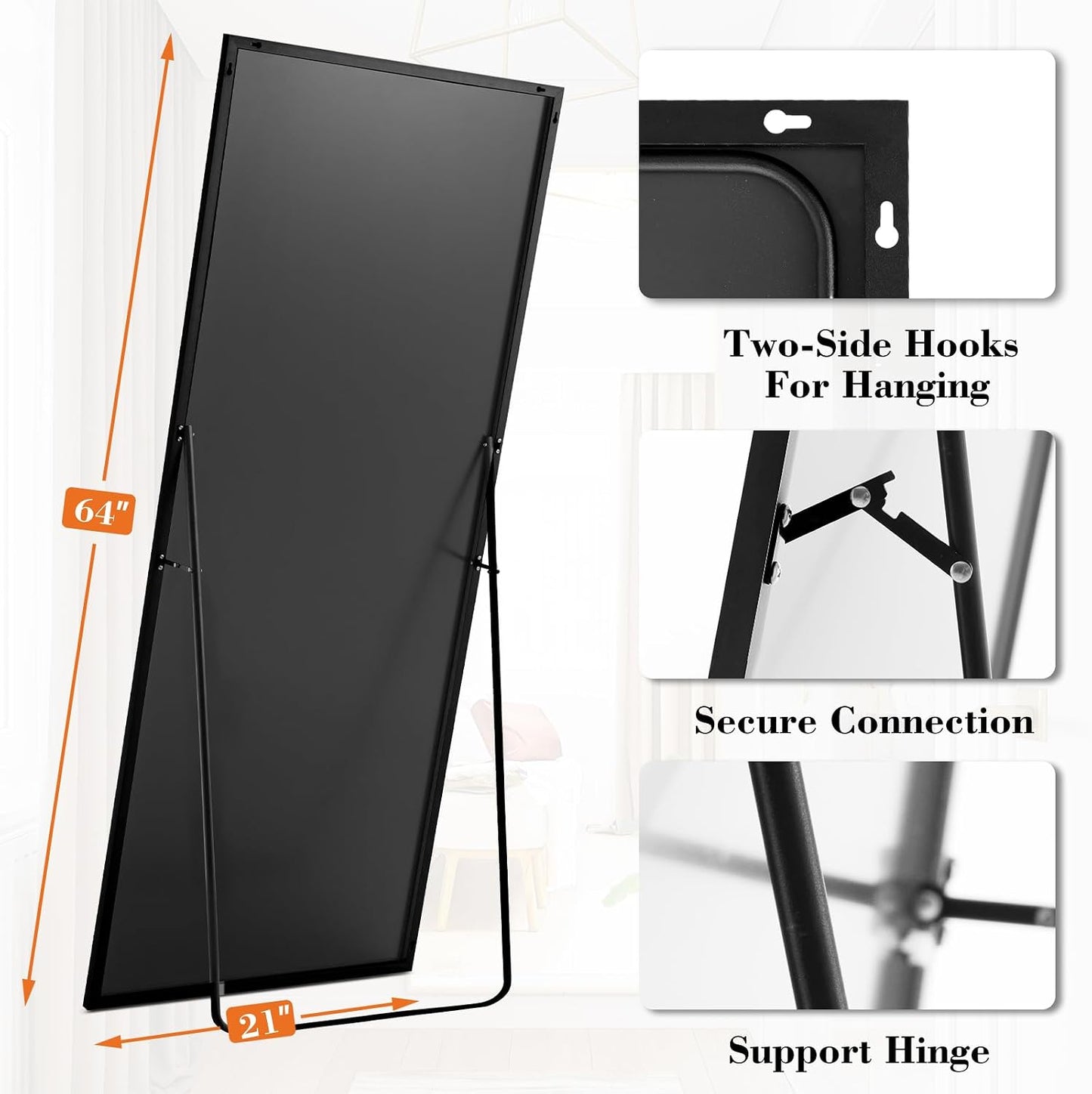 Arched Mirror Full Length, Upgraded 16"x59" Body Wall Mirrors with Shatter-Proof Glass, Floor Standing, Hanging or Leaning, Tall Arch Mirror with Stand Aluminum Alloy Frame for Bedroom, Black