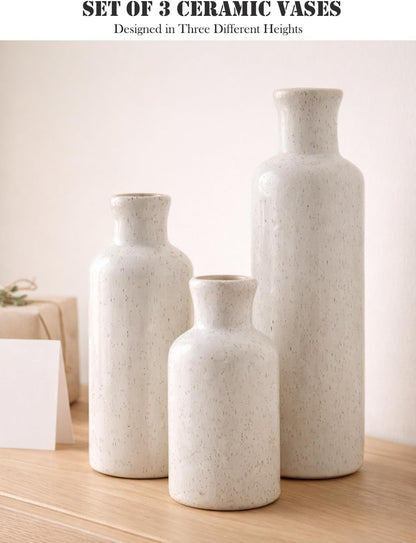 Small White Speckled Ceramic Vase Set of 3, Decorative Modern Vases for Shelf, Table, Living Room, Dried Flowers