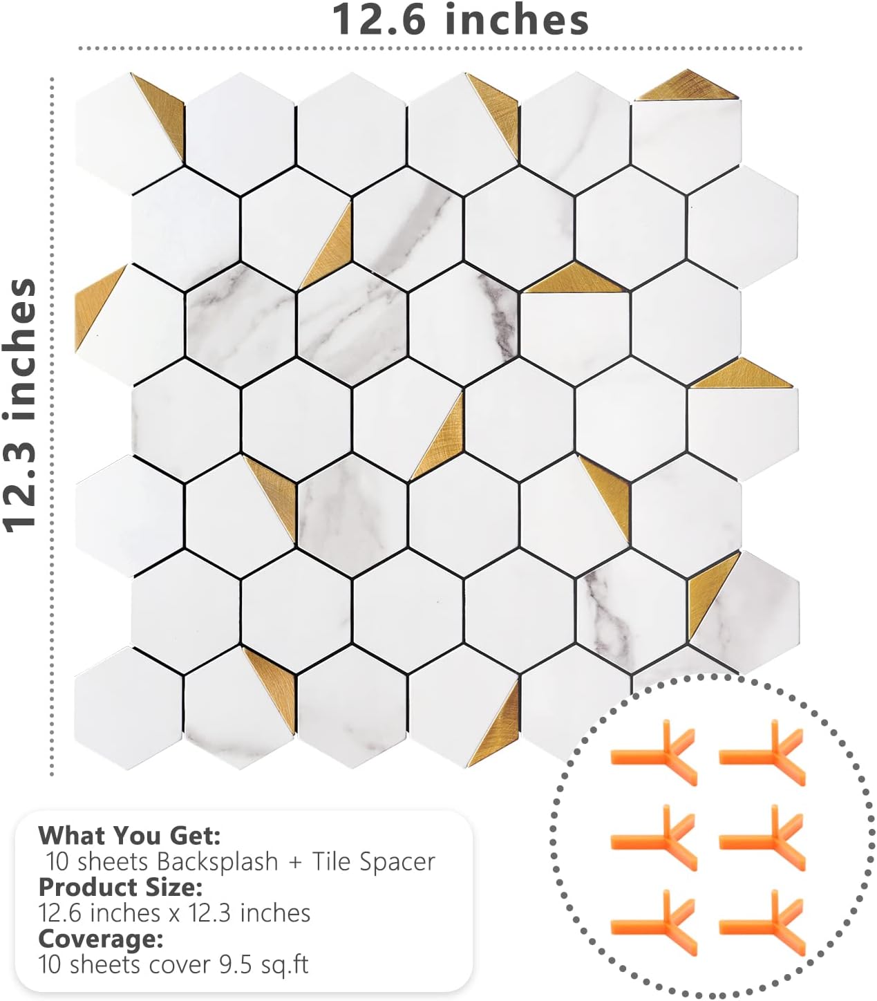 STICKGOO Peel and Stick Backsplash for Kitchen, Self-Adhesive Tile Hexagon Mosaic Tiles (10 Sheets, White Marble with Metal Gold )