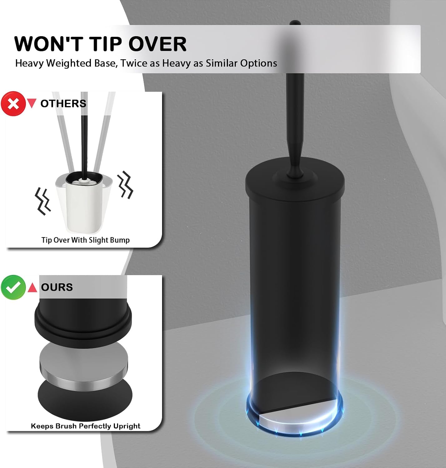 Stainless Steel Toilet Brush and Holder Set : Weighted Stable Base, Removable Inner Tube.Long Handle Toilet Bowl Brush Splash-Proof Design for Deep Cleaning & Space-Saving Storage,Nickel