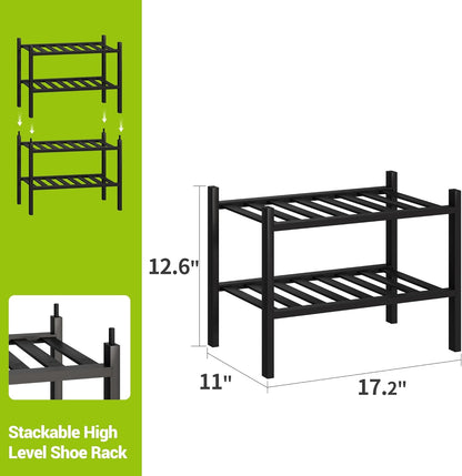 BMOSU 2-Tier Bamboo Small Shoe Rack Premium Stackable Shoe Shelf Storage Organizer for Hallway Closet Living Room Entryway Organizer (Black Bamboo)