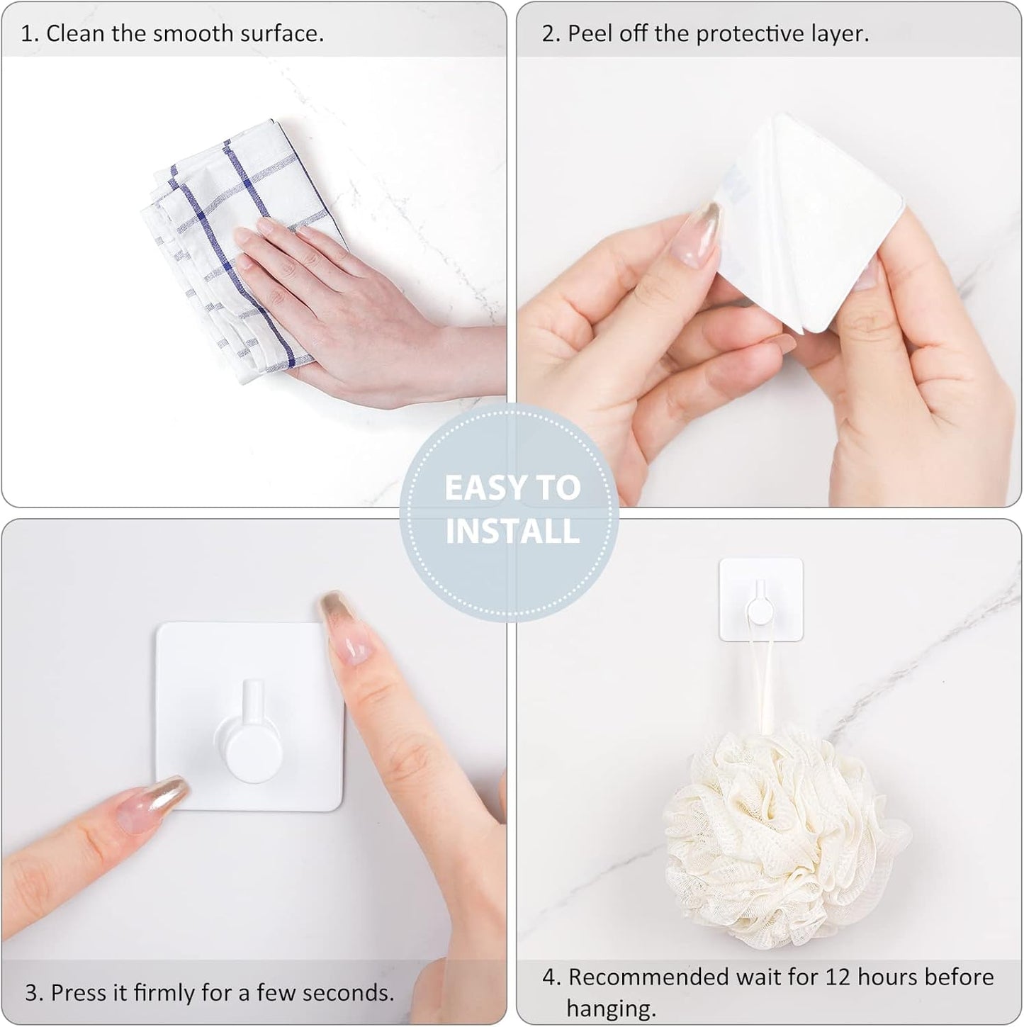 VIS'V Adhesive Towel Hooks, Waterproof Shower Wall Stick on Hooks, 2 Extra Adhesive Strips, White, 4 Pcs