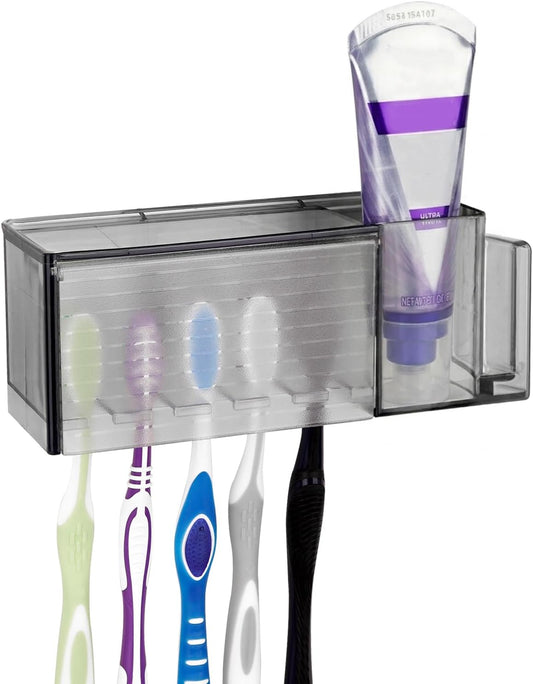 Linkidea 5 Slots Wall Mount Toothbrush Holder with Cover for Bathroom, Plastic Storage Organizer for Toothpaste, Gargle Cup, Compatible with Oral-B Cross Action, Colgate Renewal (Gray)