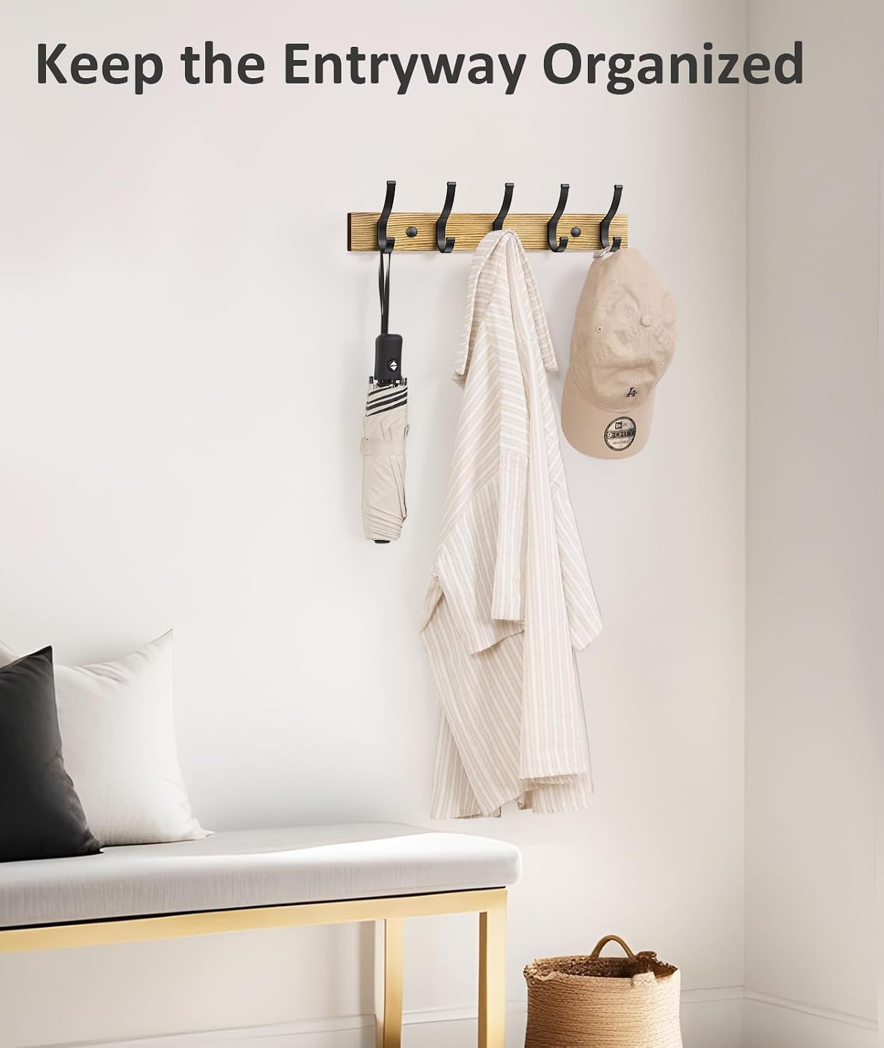 Optish Coat Rack Wall Mount, 16.5 Inches Wood Coat Hooks, Wall Hooks for Hanging, Hat Rack Bag Hanger Key Holder for Wall, Purse Hanger Towel Racks for Bathroom (1Pack, Brown)