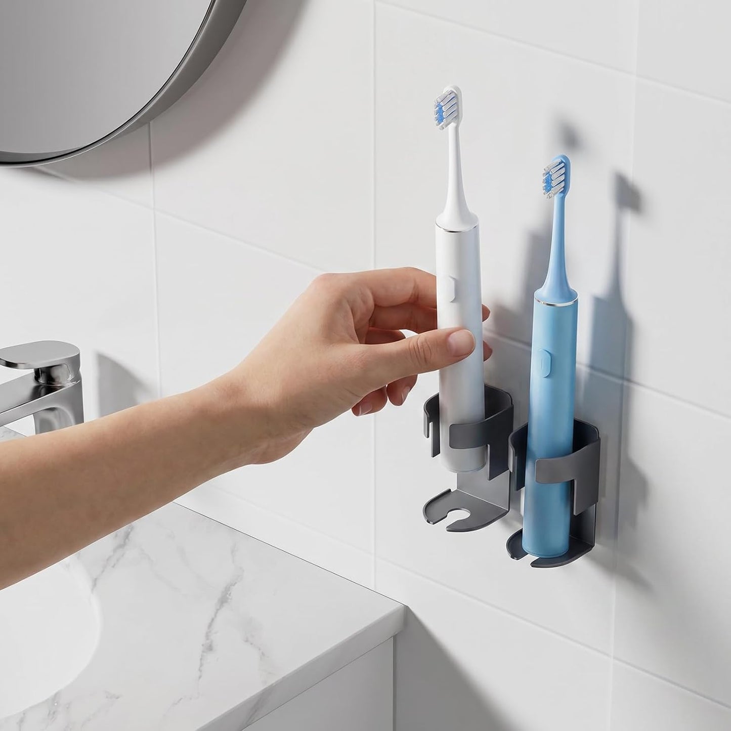 Adhesive Electric Toothbrush Holder Wall Mounted, Aluminum Black 2 Pack | Shower Tooth Brush Storage Organizer for Bathroom, Hanging Electric Toothbrush Storage Stand for Wall