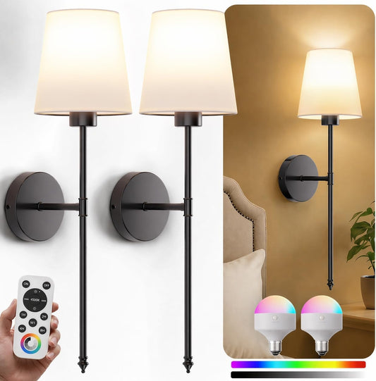 IRONPAX Wall Sconces Battery Operated Set of 2, Wireless Rechargeable Wall Sconce Set of Two, Dimmable Wall Lights with Remote for Bedroom Living Room Hallway Decor (Gold, Fabric Shade)