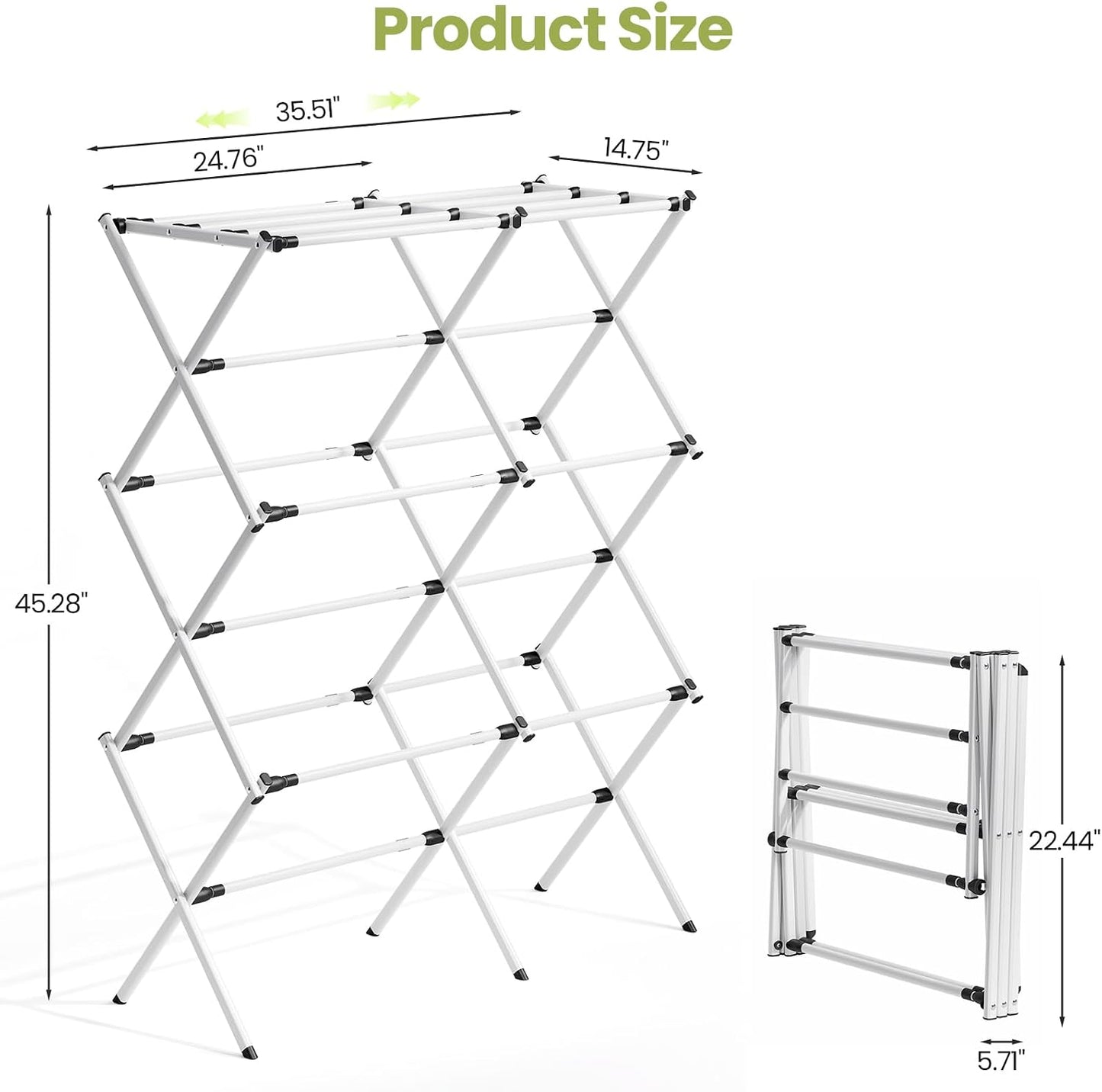 APEXCHASER Extra Large Clothes Drying Rack, Foldable & Extendable Laundry Rack with Adjustable Size (20.87"-35.43" L), Space-Saving, Rust-Resistant Frame for Indoor/Outdoor Use, White