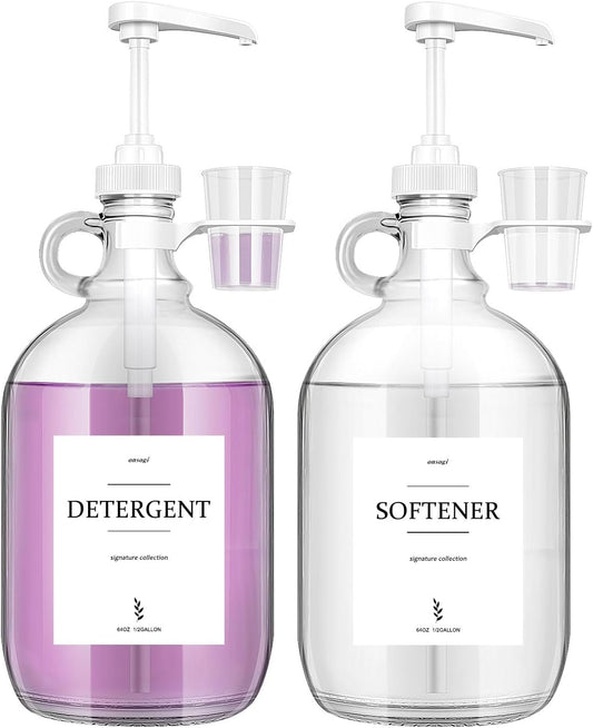 2 Pcs Glass Liquid Laundry Detergent Dispenser with Cup Holders, Half Gallon Dispenser for Laundry Room (64 oz. Each), Laundry Detergent Bottles with Pump Dispenser -Includes Labels, Measuring Cups
