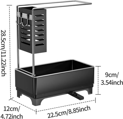 MOUKABAL Sponge Holder for Kitchen Sink – Rustproof Stainless Steel, 360° Rotating Drain Pipe, Large Counter Organizer with Drip Tray for Sponges, Brushes & Dish Cloths Black