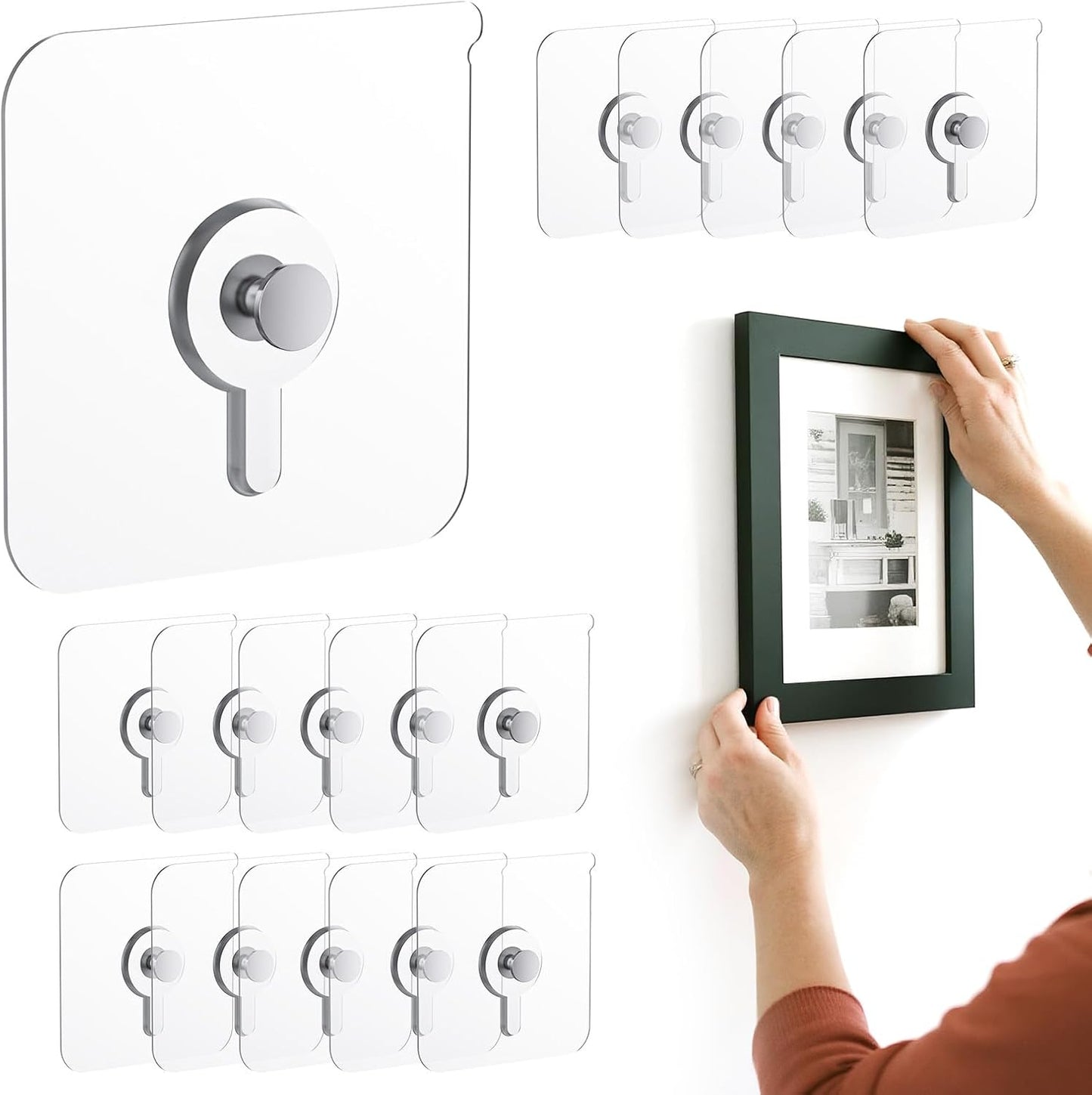20 Pcs Adhesive Picture Hooks, 20 Ibs Load Heavy Duty Self Adhesive Wall Hooks for Hanging, Waterproof Picture Hangers Without Nails for Bathroom Kitchen, Transparent Sticky Hooks for Frames