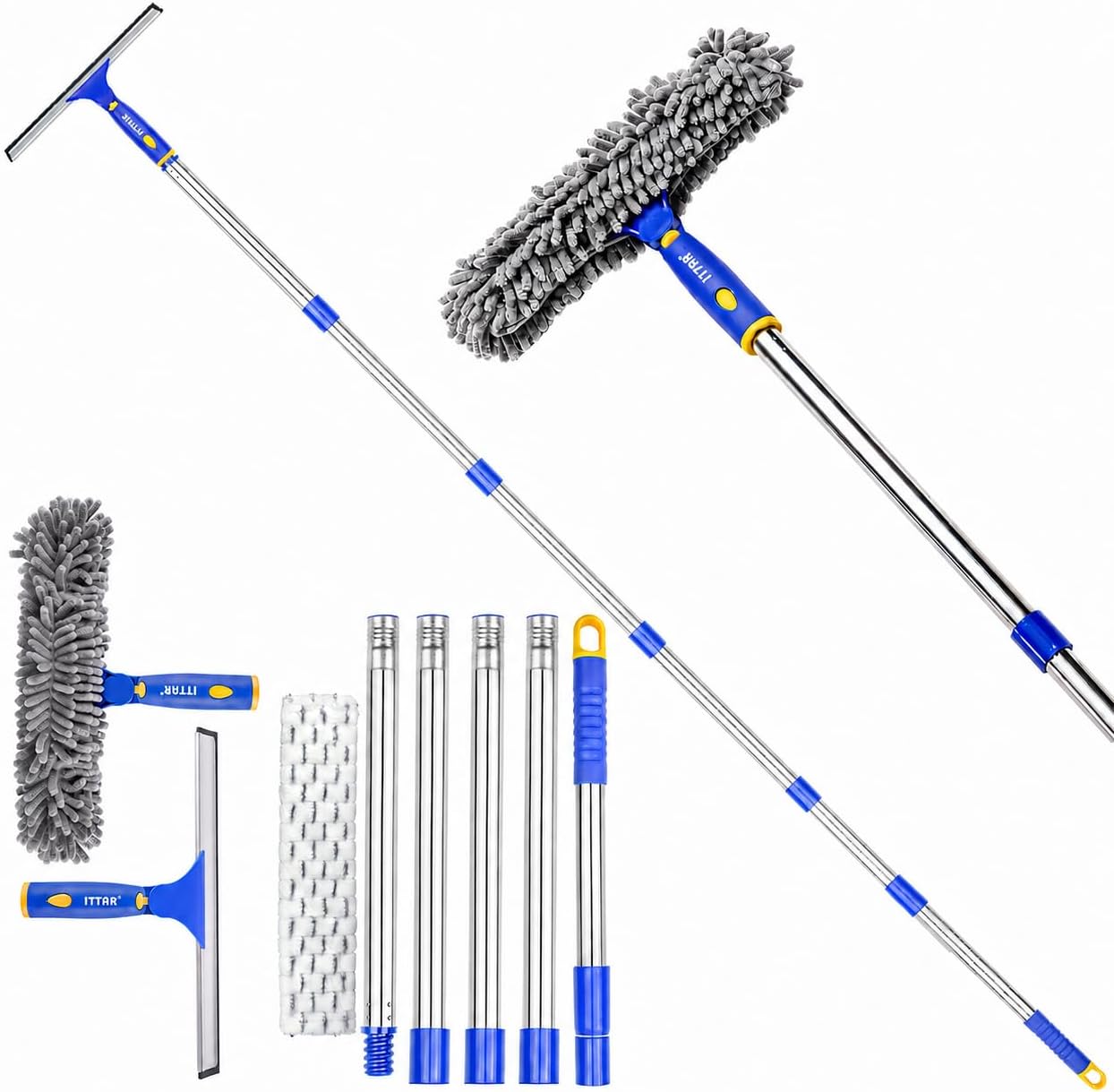 ITTAR Window Squeegee with 86 Inch Extension Pole, Rotatable Window Cleaning Kit with Long Handle, Rubber Blade & Microfiber/Chenille Pads Glass Cleaner Tool for Outdoor Windows, Glass, Car