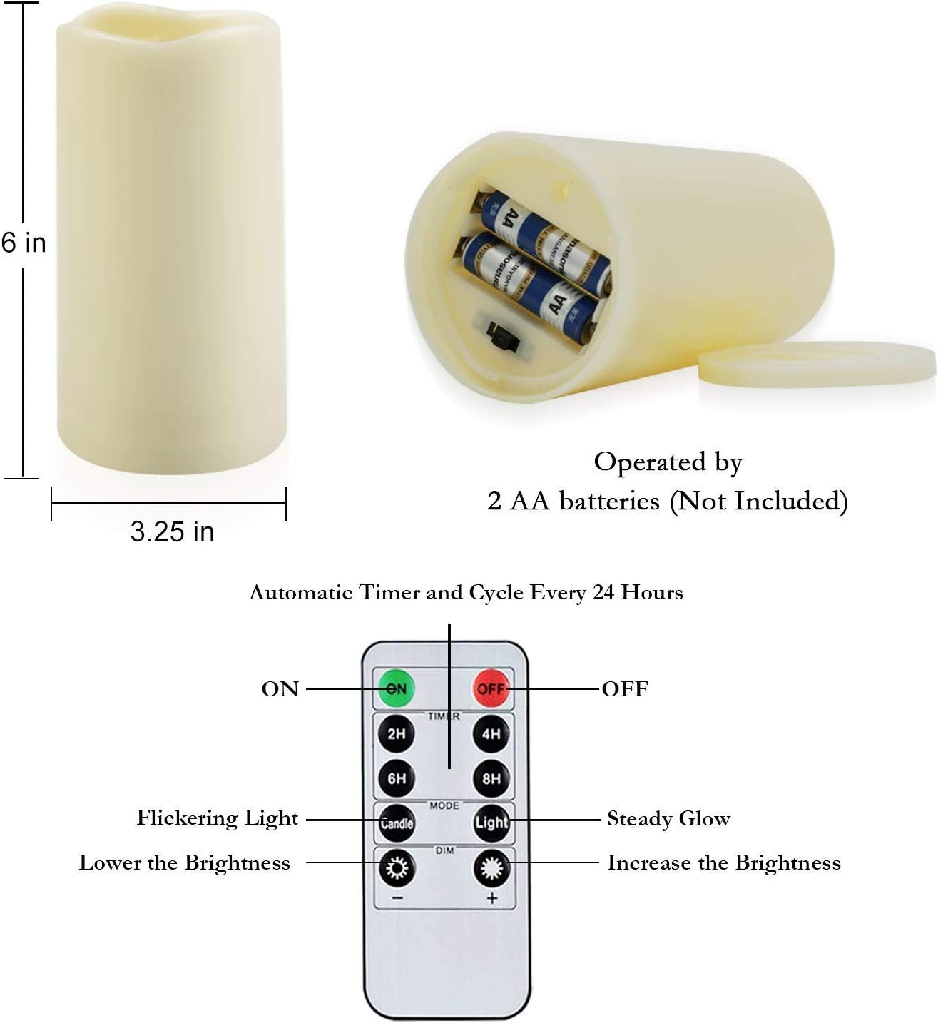 Amagic 3" x 6" Waterproof Outdoor Flameless Candles, Battery Operated Candles with Remote and Timer, Flickering LED Pillar Candle for Outside Patio Garden and Indoor Home Decor, Ivory, Set of 2