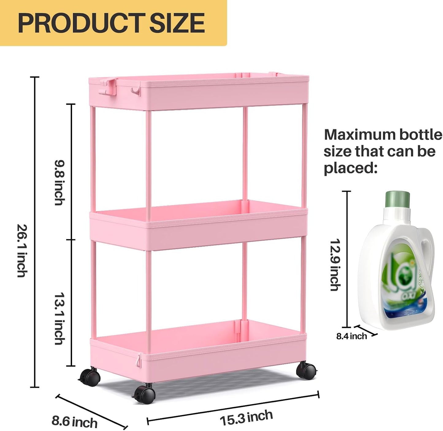 SPACEKEEPER 5-Tier Rolling Cart, Bathroom Storage Organizer Utility Cart, Mobile Shelving Unit Slide Out Shelves for Kitchen Living Room Laundry Room & Dressers, Black