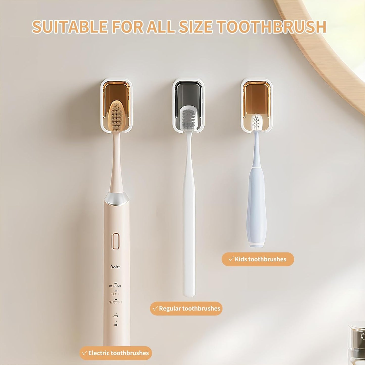 Wall Mounted Toothbrush Holders for Bathroom,Strong Self Adhesive Tooth Brush Holder with Cover, Toothbrush Heads Organizer for Family, 2 Pcs