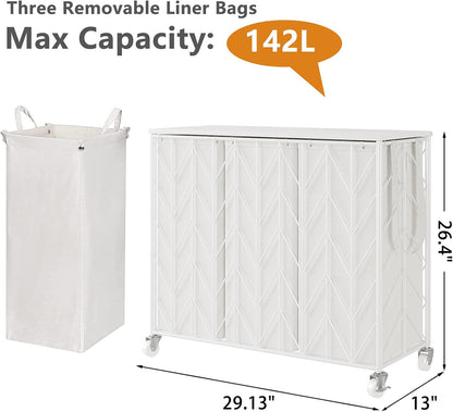 WOWLIVE Laundry Basket with Wheels, 142L Laundry Hamper 3 Section with Lid, Dirty Clothes Hamper with Removable Bags, Large Capacity Iron-Made Laundry Basket Organizer Laundry Sorter for Dorm, White