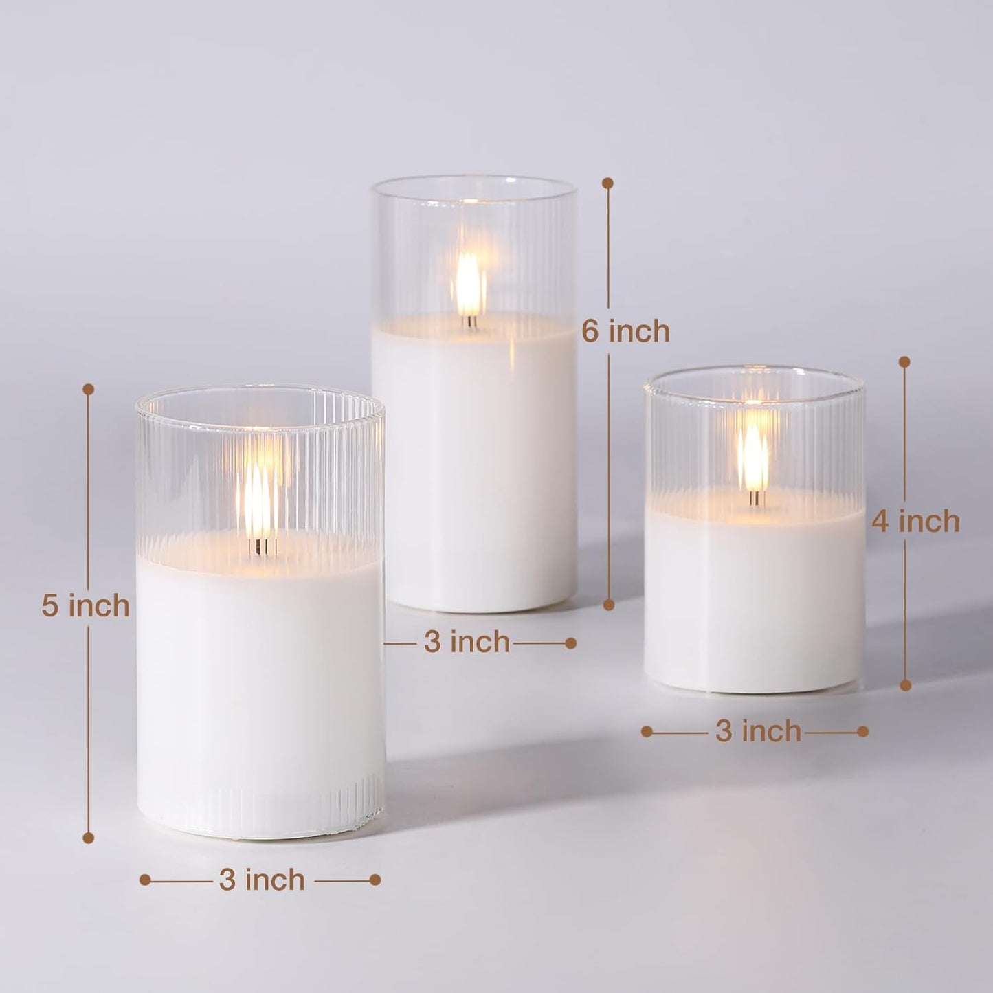 Eywamage Smoke Grey Ribbed Glass Flameless Pillar Candles with Remote, Flickering LED Wax Candles Battery Operated Set of 3
