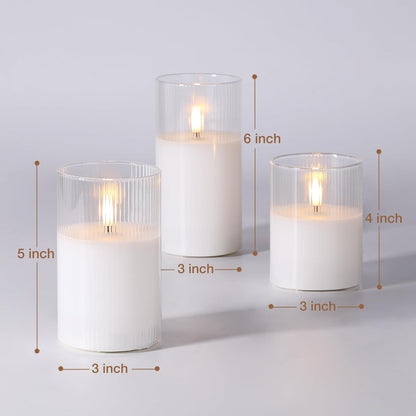 Eywamage Smoke Grey Ribbed Glass Flameless Pillar Candles with Remote, Flickering LED Wax Candles Battery Operated Set of 3