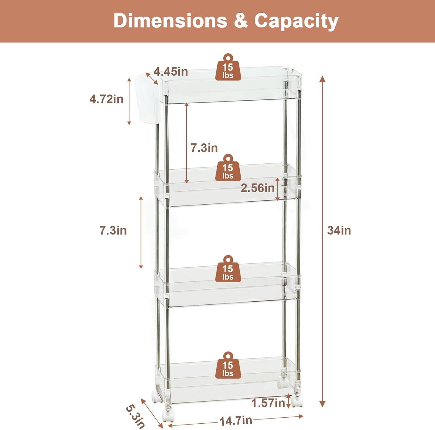 VECELO Storage Rolling Cart, 4 Tier Utility Cart Kitchen Slim Mobile Storage Unit Organizers with Wheels Hooks&Hanging Cups for Bedroom Bathroom Office Table Side in Narrow Places, White