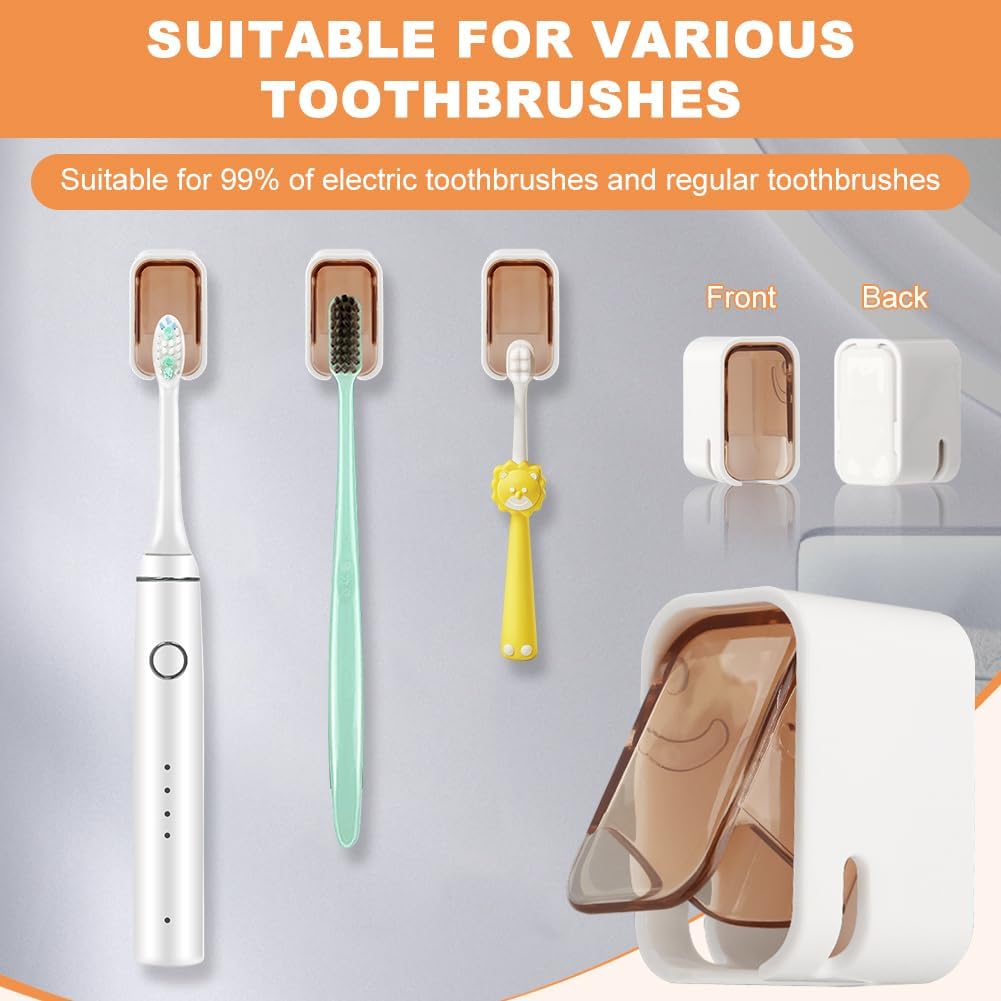 3PCS Toothbrush Holder Wall Mounted with Cover,Single Slot Electric Tooth Brushing Holder,Self Adhesive Hanging Toothbrush Organizer for Bathroom,Family,Travel(4.4 * 3 * 2.6cm,Color:Brown)