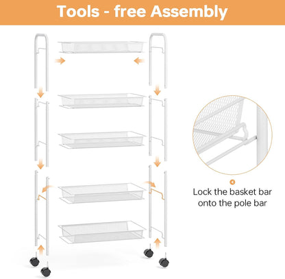 TOOLF 3-Tier Metal Rolling Cart, Mesh Wire Easy Assemble Utility Cart, Storage Trolley on Wheels with 3 Hooks, MetalStorage Shelving Units for Kitchen Bathroom Laundry Room