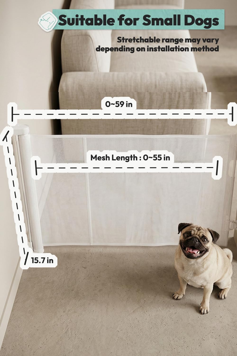 15.7" H Mesh Short Dog Gate, Extends Up to 59" W Retractable Pet Gate with Drill Installation, Small Dog Gate for Stairs, Easy Step Over Low Puppy Gate for Doorways Indoor Outdoor, White