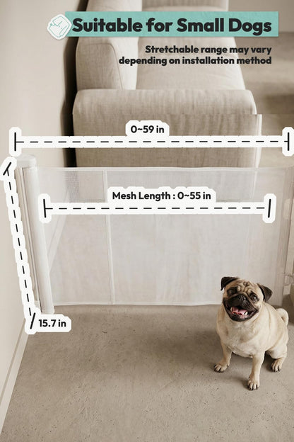 15.7" H Mesh Short Dog Gate, Extends Up to 59" W Retractable Pet Gate with Drill Installation, Small Dog Gate for Stairs, Easy Step Over Low Puppy Gate for Doorways Indoor Outdoor, White
