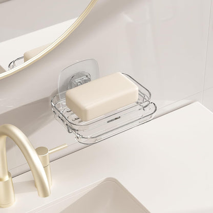 Soap Dish for Shower Clear Soap Holder Pull-Out Water Tray No Drilling Required Strong Fixation for Rv Bathroom and Kitchen Easy（1 Pack）