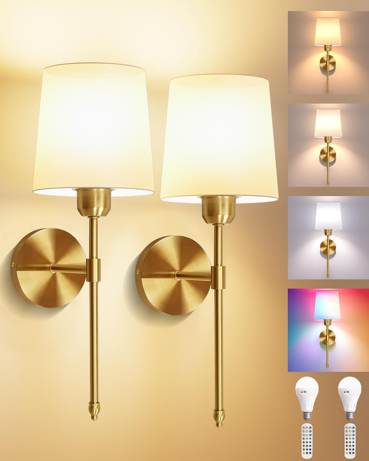 Ouyulong Battery Operated Wall Sconces Set of 2, Wireless Rechargeable Dimmable Wall Light with RGB Bulb and Remote for Bedroom, Living Room, Hallway (Gold)